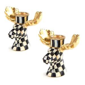 MACKENZIE-CHILDS Courtly Check Moose Candlesticks Set of 2 Black White Gold NEW